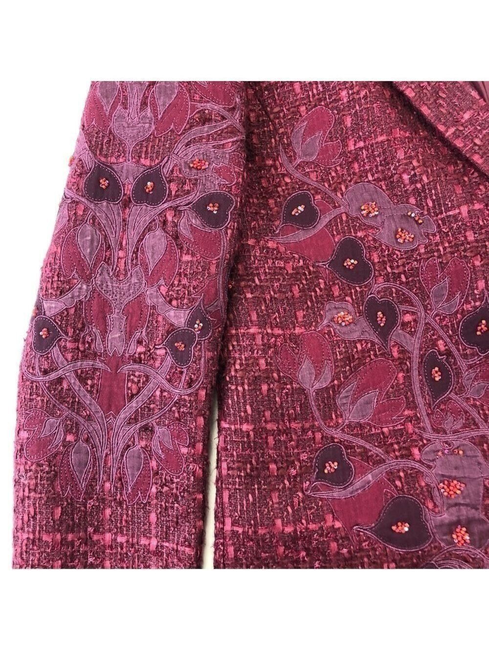 Tory Burch Patsy Glazed Tweed dark plum long line coat Size 2 appliqué embellish - Picture 7 of 14